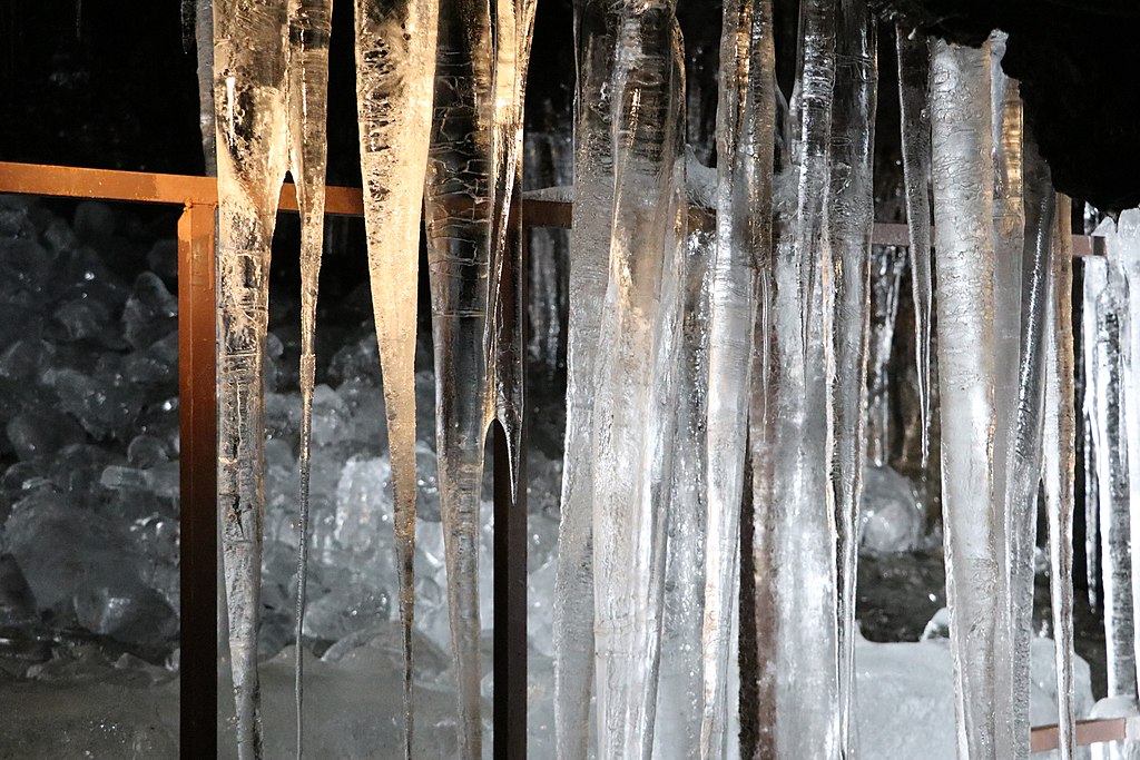 Icicles in Narusawa Ice Cave in Aokigahara forest near Tokya Japan