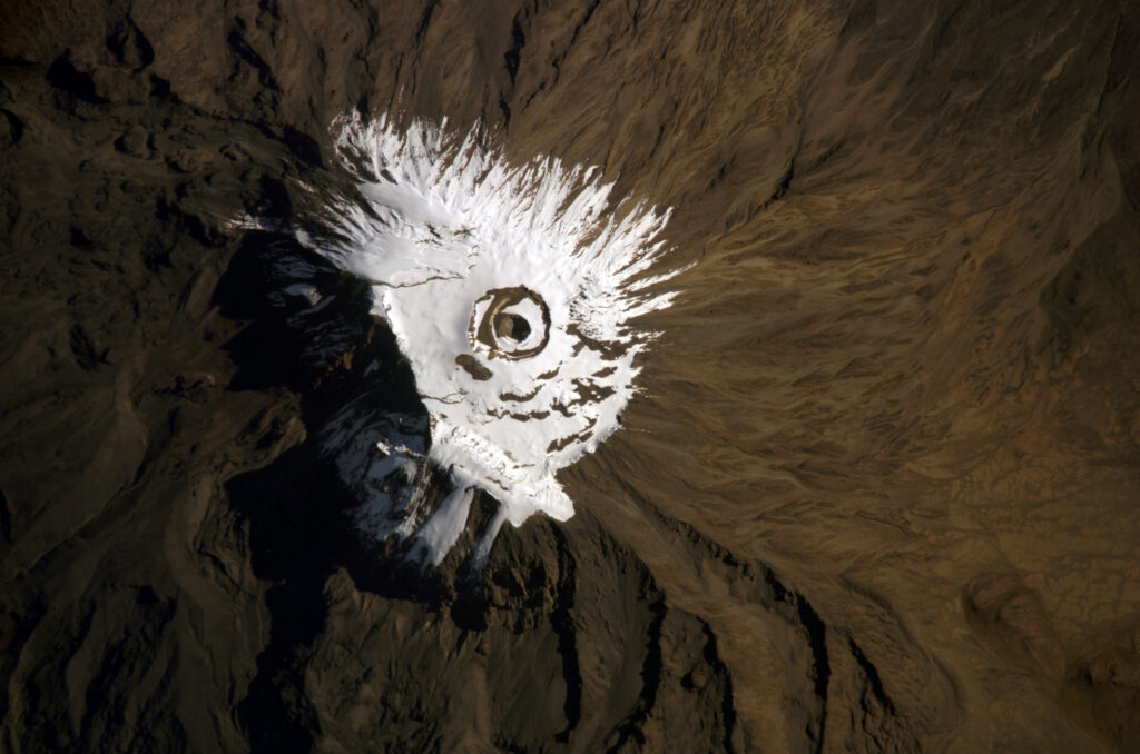 Aerial view of snow capped Mount Kilimanjaro in Tanzania Africa