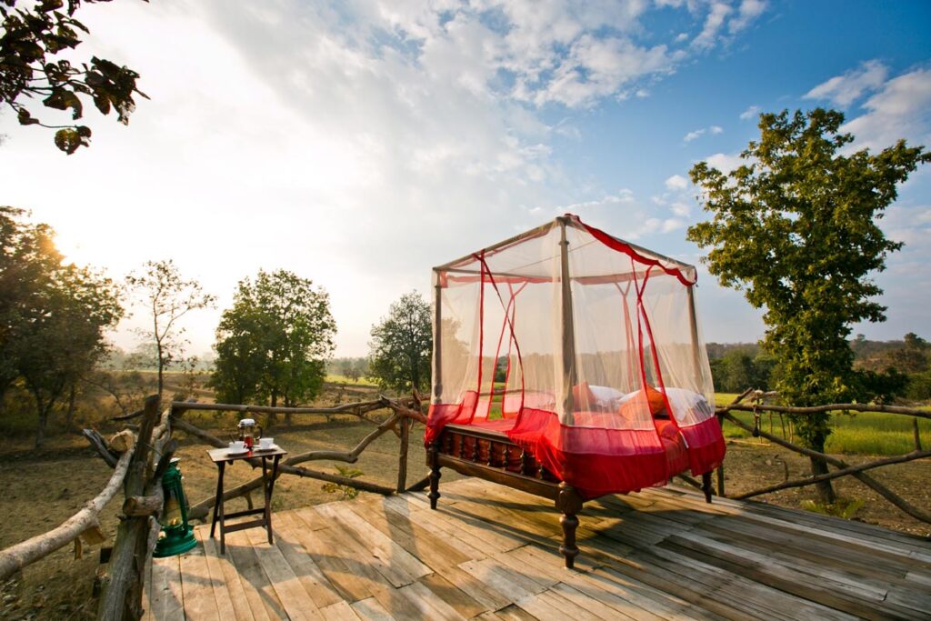 A bed under the stars in Pench National Park Jamtara