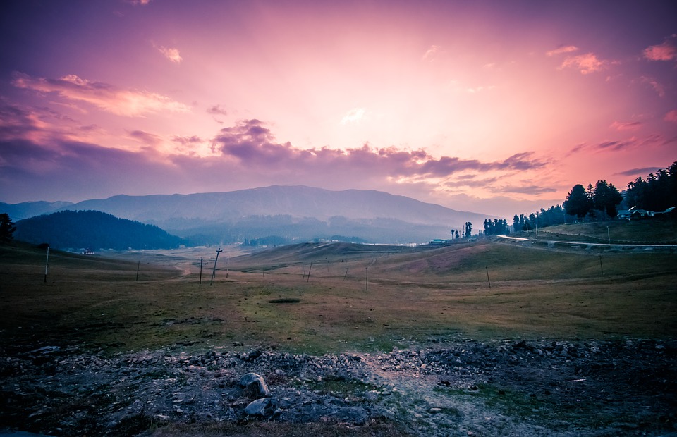 Scenic views of landscape and hills in Gulmarg Kashmir